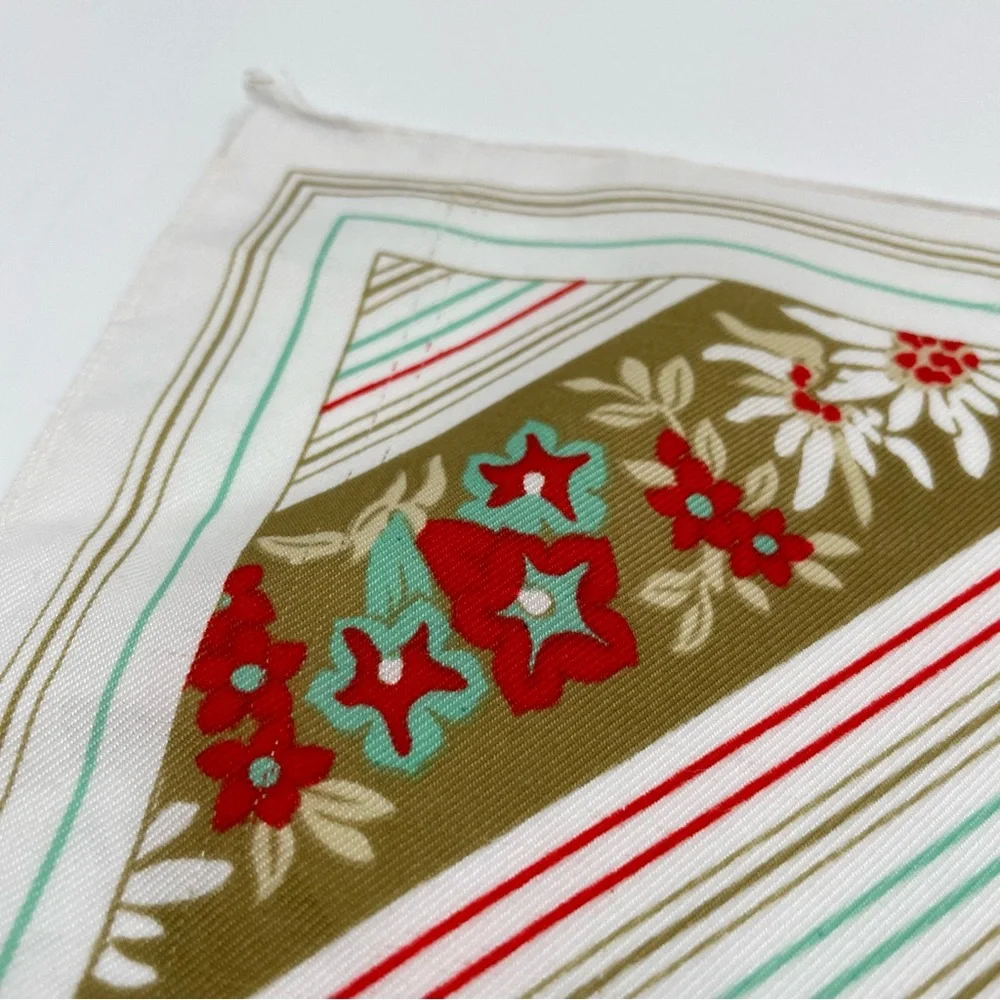 Vintage Scarf Floral Stripes‎ Olive Green White Red Teal Square Retro 70s 80s